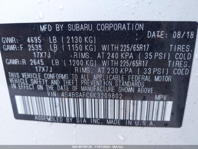 4S4BSAFC6K3209802 Subaru Outback 2.5i Premium