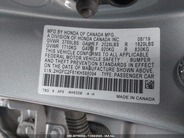 40750244 :رقم المزاد ، 2HGFC2F61KH588094 vin ، 2019 Honda Civic Lx مزاد بيع