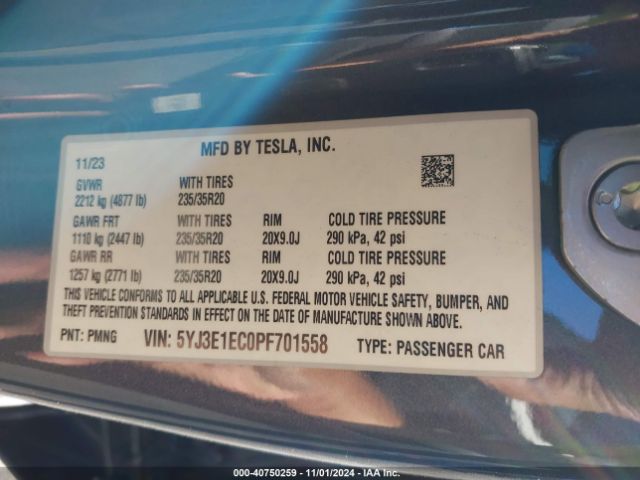 5YJ3E1EC0PF701558 Tesla Model 3 Performance Dual Motor All-wheel Drive