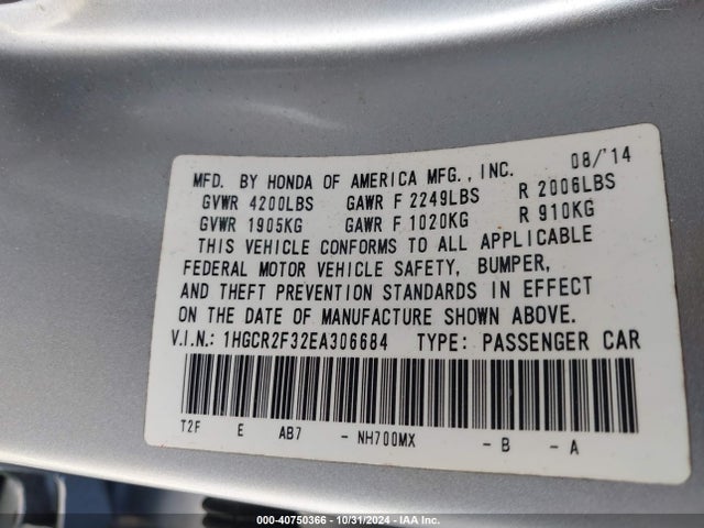 Honda ACCORD LX 2014 1HGCR2F32EA306684 Image 9