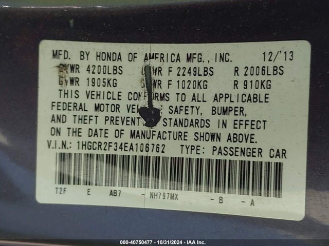 Honda ACCORD LX 2014 1HGCR2F34EA106762 Image 9