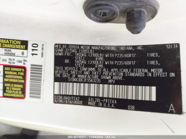 5TDKK3DC3FS563235 Toyota Sienna Le 8 Passenger