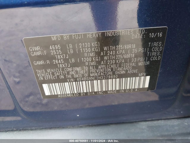 Subaru Outback 2.5i Limited 2017 4S4BSANC2H3279890 Image 9
