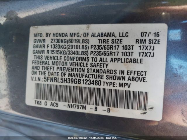 5FNRL5H39GB123480 Honda ODYSSEY SE