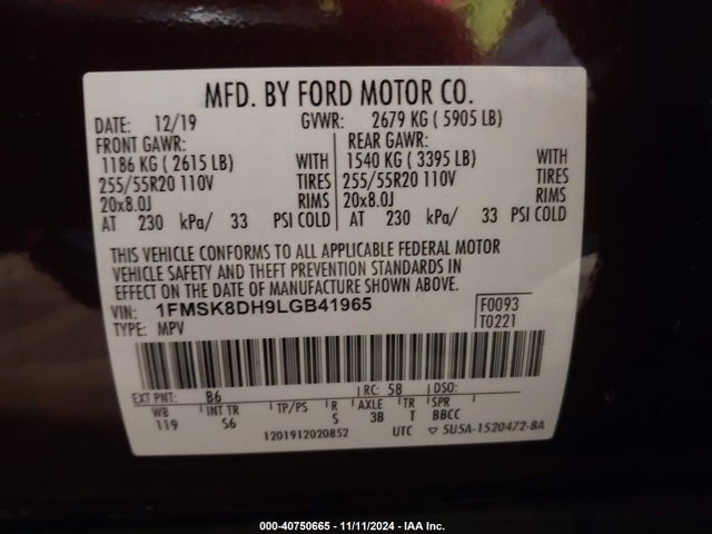 Ford EXPLORER XLT 2020 1FMSK8DH9LGB41965 Image 9