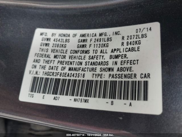 1HGCR3F80EA043516 Honda Accord Ex-l V-6