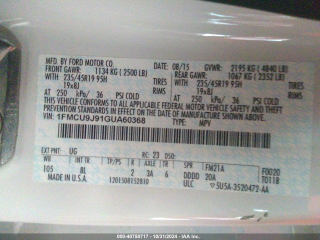 Ford Escape Titanium 2016 1FMCU9J91GUA60368 Image 9