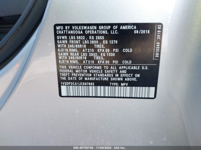 1V2DP2CA1JC597882 Volkswagen Atlas 2.0t Se/2.0t Se W/technology