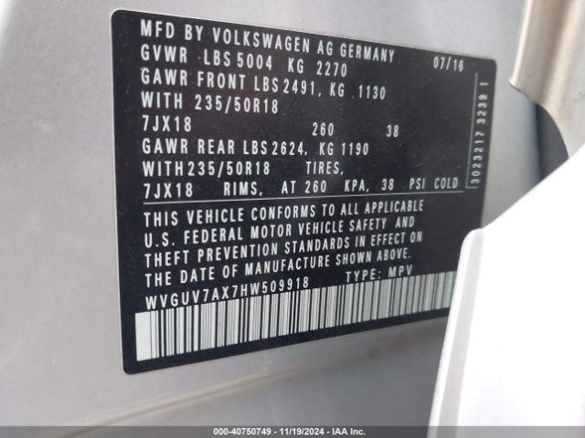 WVGUV7AX7HW509918 Volkswagen Tiguan 2.0t Sport