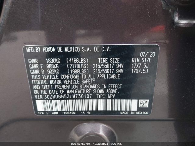 3CZRU6H53LM730107 Honda Hr-v Awd Ex