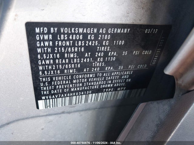 WVGAV7AX8HK034130 Volkswagen Tiguan 2.0t/2.0t S