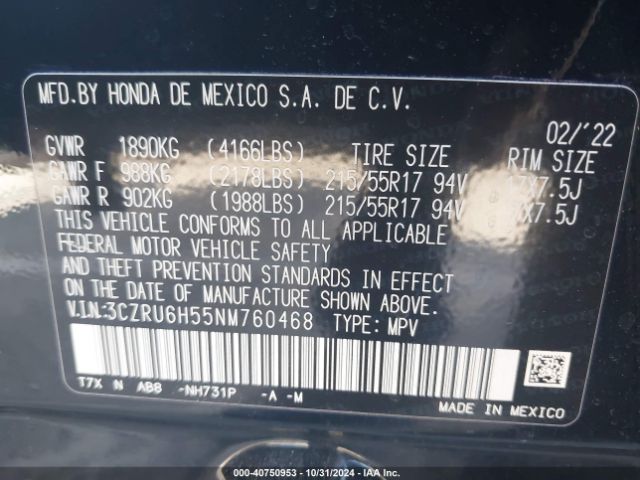 3CZRU6H55NM760468 Honda Hr-v Awd Ex