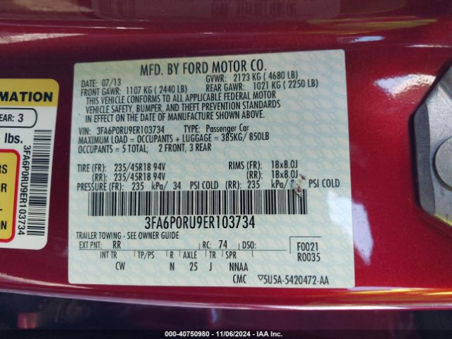 3FA6P0RU9ER103734 Ford Fusion Hybrid Titanium