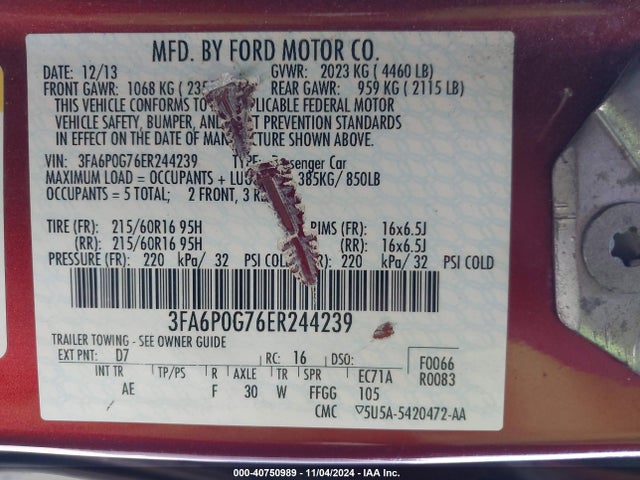 Ford FUSION S 2014 3FA6P0G76ER244239 Image 9