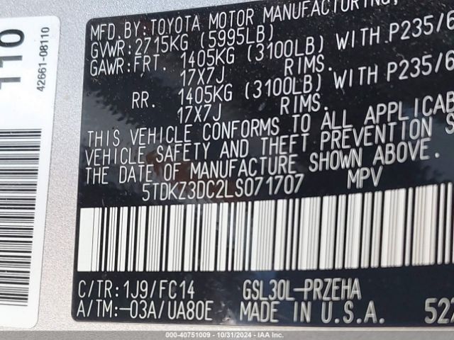 5TDKZ3DC2LS071707 Toyota SIENNA LE