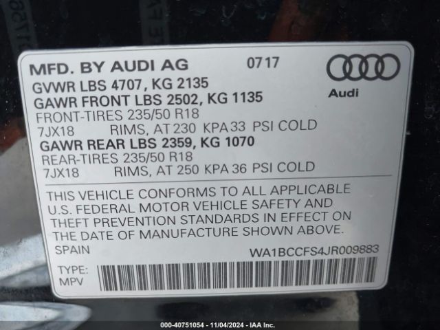 WA1BCCFS4JR009883 Audi Q3 2.0t Premium/2.0t Sport Premium