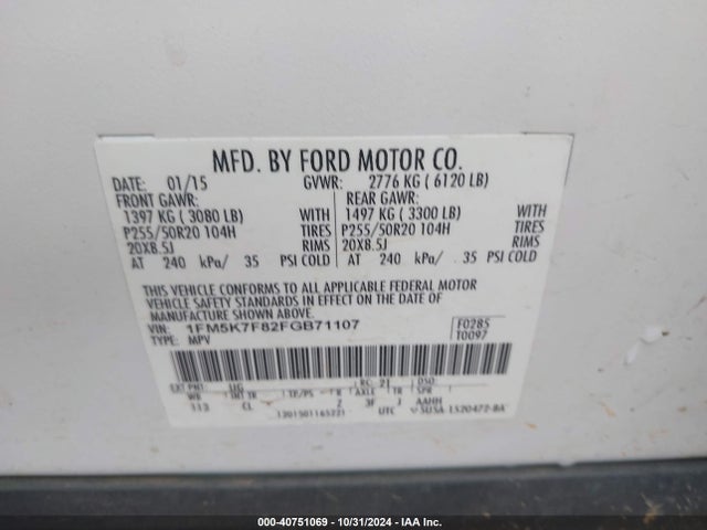 Ford Explorer Limited 2015 1FM5K7F82FGB71107 Image 9