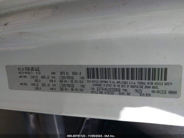 3C6TRVAG1KE532838 RAM Promaster 1500 Low Roof 136 Wb