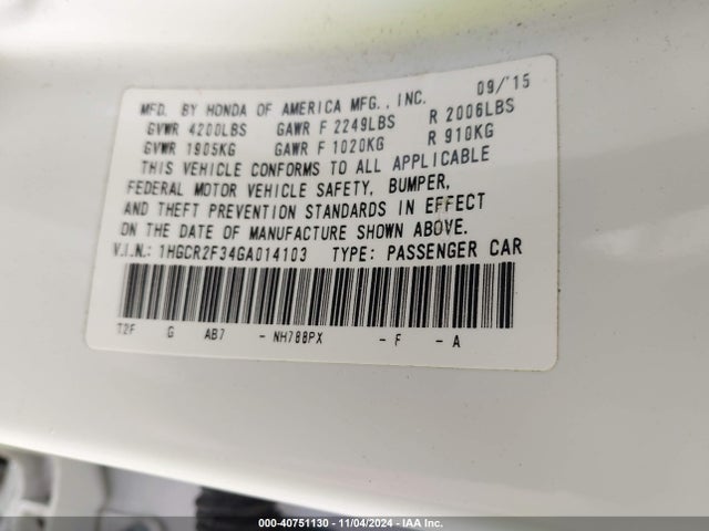 Honda ACCORD LX 2016 1HGCR2F34GA014103 Image 9
