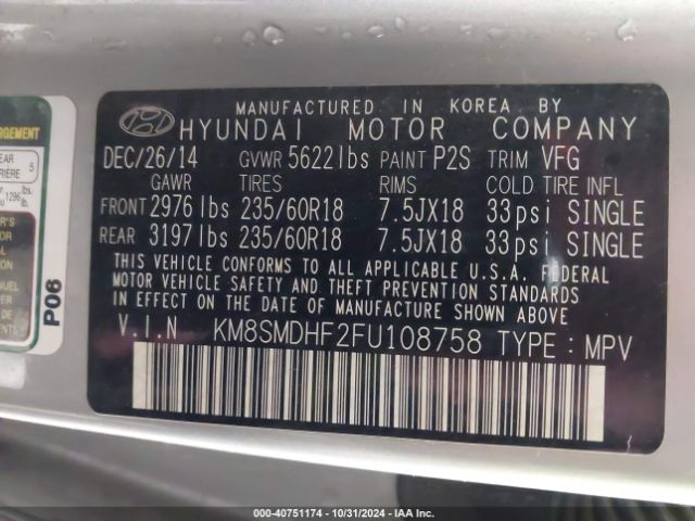 KM8SMDHF2FU108758 Hyundai Santa Fe Gls
