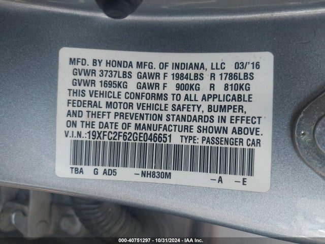 Honda Civic Lx 2016 19XFC2F62GE046651 Image 9