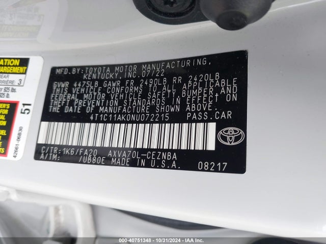 4T1C11AK0NU072215 Toyota CAMRY LE