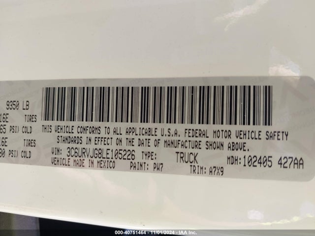 3C6URVJG8LE105226 RAM Promaster 3500 Cargo Van High Roof 159 Wb Ext