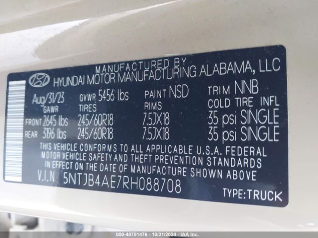 5NTJB4AE7RH088708 Hyundai Santa Cruz Sel