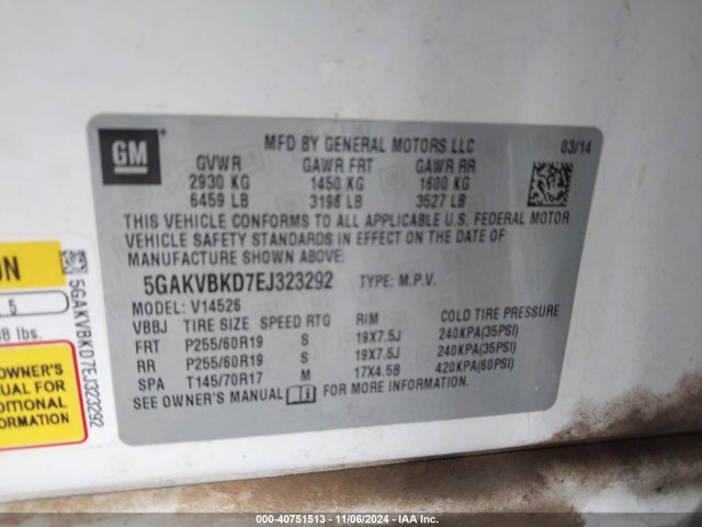 Buick Enclave Leather 2014 5GAKVBKD7EJ323292 Image 9