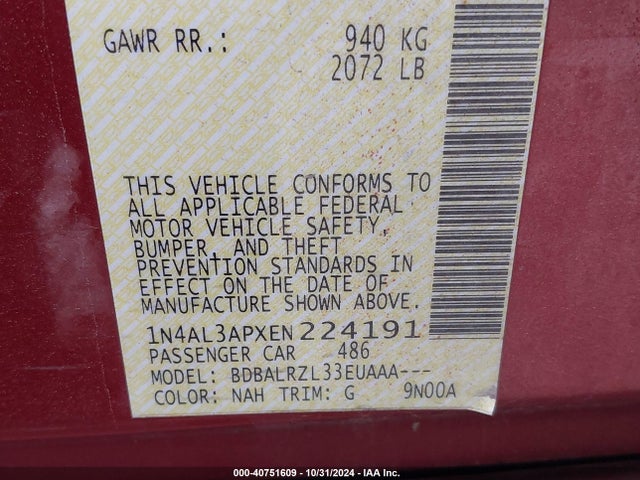 Nissan Altima 2.5 S 2014 1N4AL3APXEN224191 Image 9