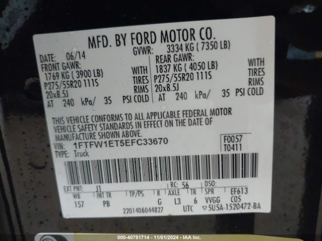 1FTFW1ET5EFC33670 Ford F-150 Platinum