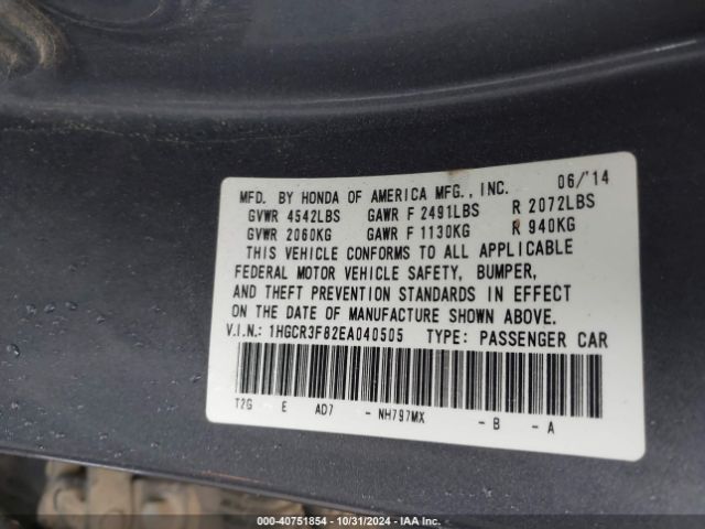 1HGCR3F82EA040505 Honda Accord Ex-l V-6