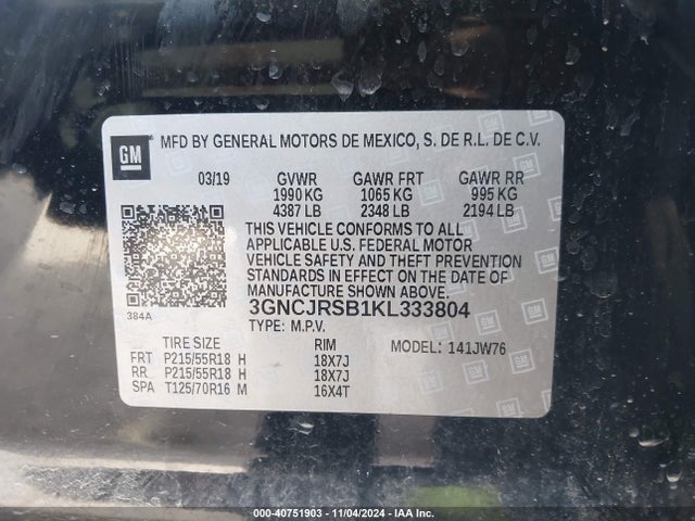 Chevrolet Trax Premier 2019 3GNCJRSB1KL333804 Image 9