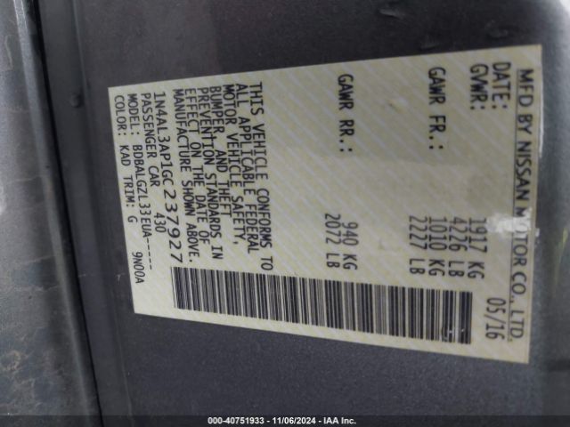 1N4AL3AP1GC237927 Nissan Altima 2.5/2.5 S/2.5 Sl/2.5 Sr/2.5 Sv