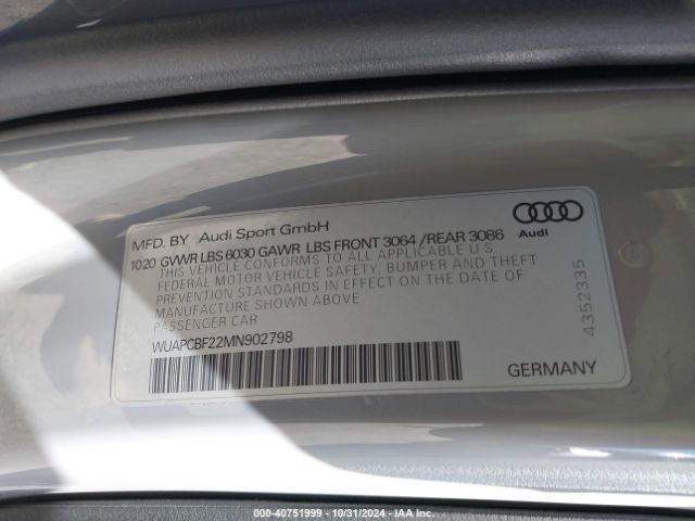 WUAPCBF22MN902798 Audi Rs 7 Sportback Tfsi Quattro Tiptronic