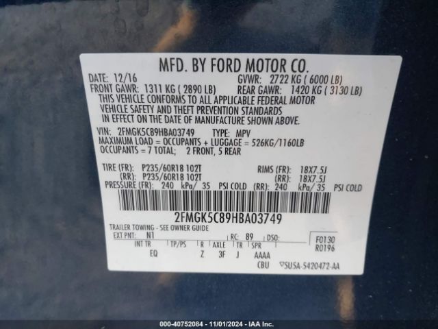 2FMGK5C89HBA03749 Ford FLEX SEL