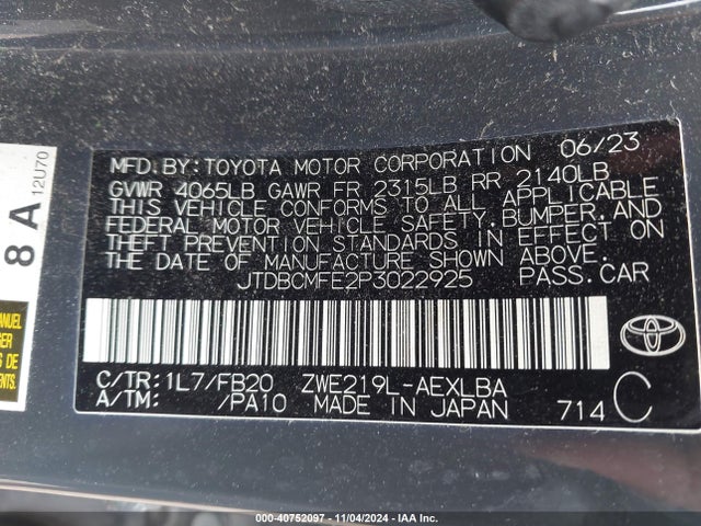 JTDBCMFE2P3022925 Toyota Corolla Hybrid Le