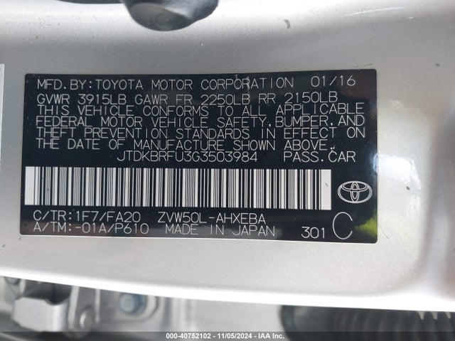Toyota Prius Two 2016 JTDKBRFU3G3503984 Image 9