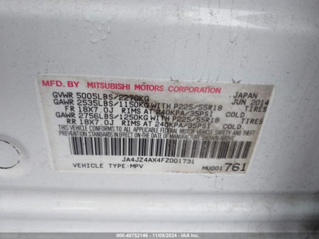 JA4JZ4AX4FZ001731 Mitsubishi OUTLANDER GT