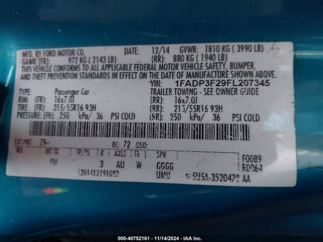 1FADP3F29FL207345 Ford FOCUS SE