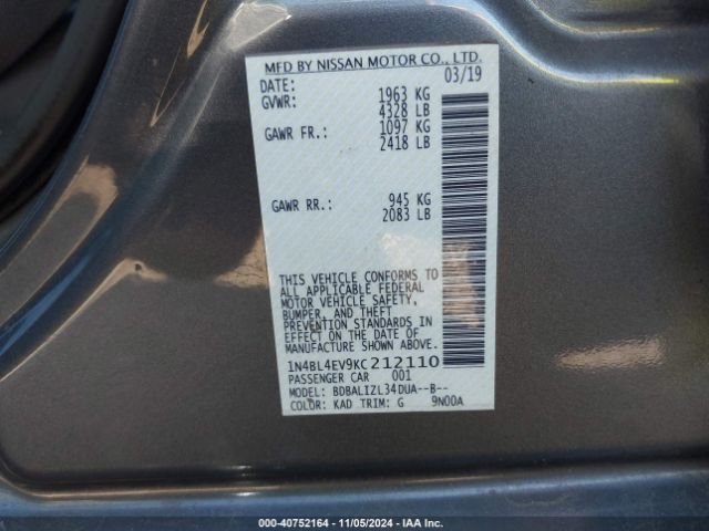 1N4BL4EV9KC212110 Nissan Altima 2.5 Sl