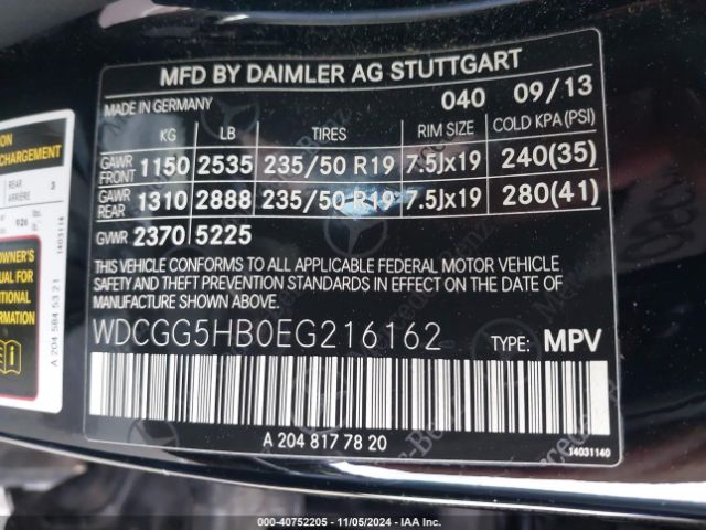 WDCGG5HB0EG216162 Mercedes-Benz GLK 350