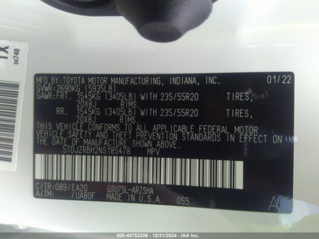 5TDJZRBH2NS185478 Toyota Highlander Xse
