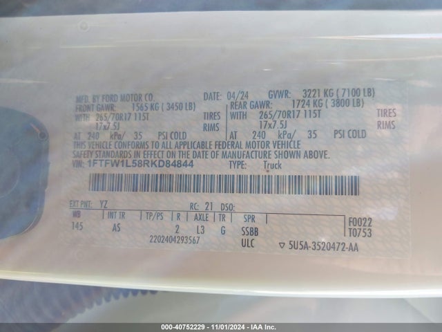 Ford F-150 Xl 2024 1FTFW1L58RKD84844 Image 9
