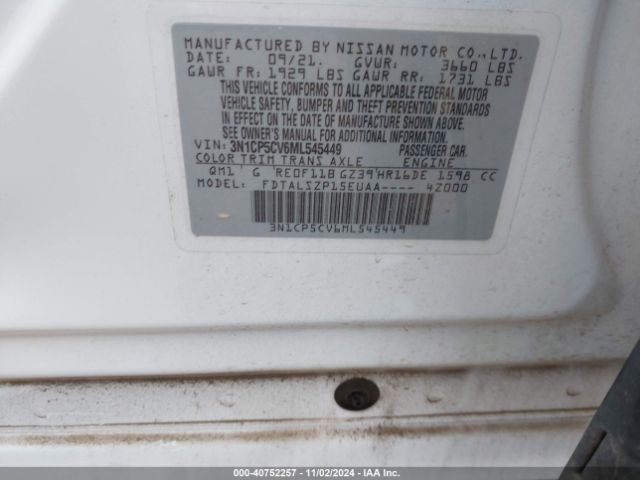 3N1CP5CV6ML545449 Nissan Kicks Sv Xtronic Cvt