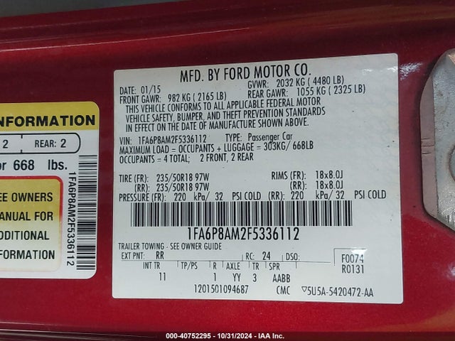 Ford Mustang V6 2015 1FA6P8AM2F5336112 Image 9