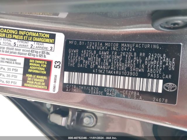 4T1KZ1AK4RU103900 Toyota Camry Xse V6