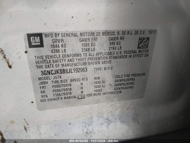 Chevrolet TRAX LS 2018 3GNCJKSB8JL192963 Image 9