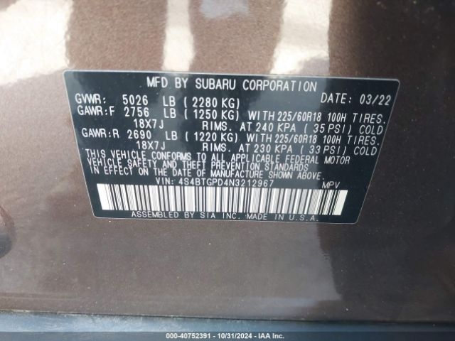 4S4BTGPD4N3212967 Subaru Outback Touring Xt