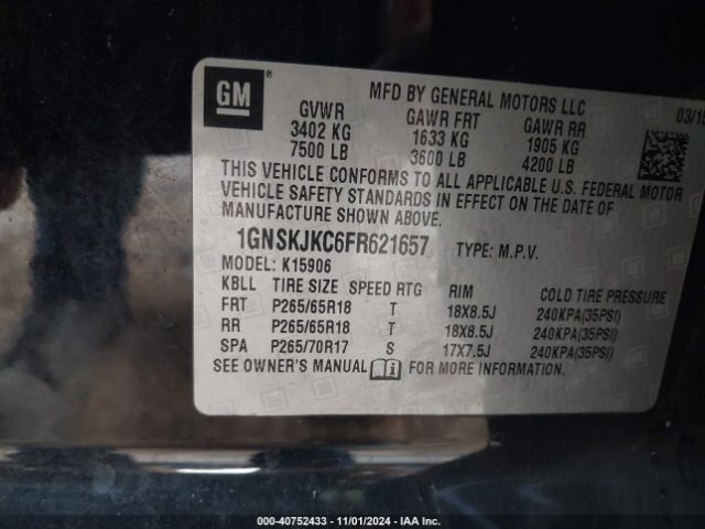 1GNSKJKC6FR621657 Chevrolet Suburban 1500 Lt